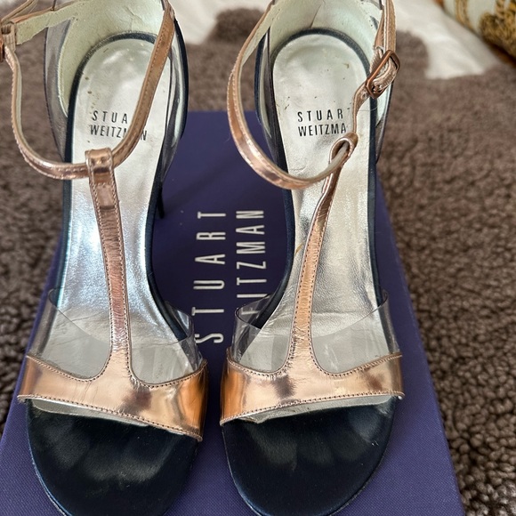 Stuart Weitzman “Sincity” navy satin, rose gold and clear sandals - Picture 3 of 9